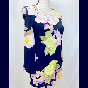 Bold Elements Black with Floral Print Off Shoulder Halter Strap V Neck Blouse